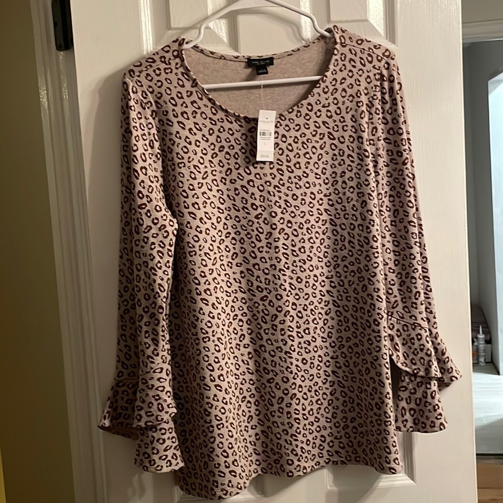 NWT Ann Taylor factory bell sleeve, polyester/rayon, taupe with brown print
